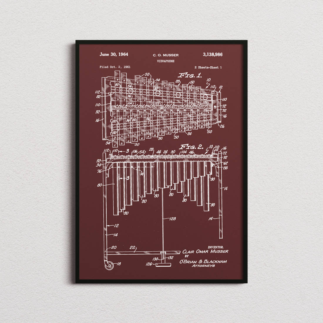 Vibraphone Patent Print in the burgundy colourway, framed