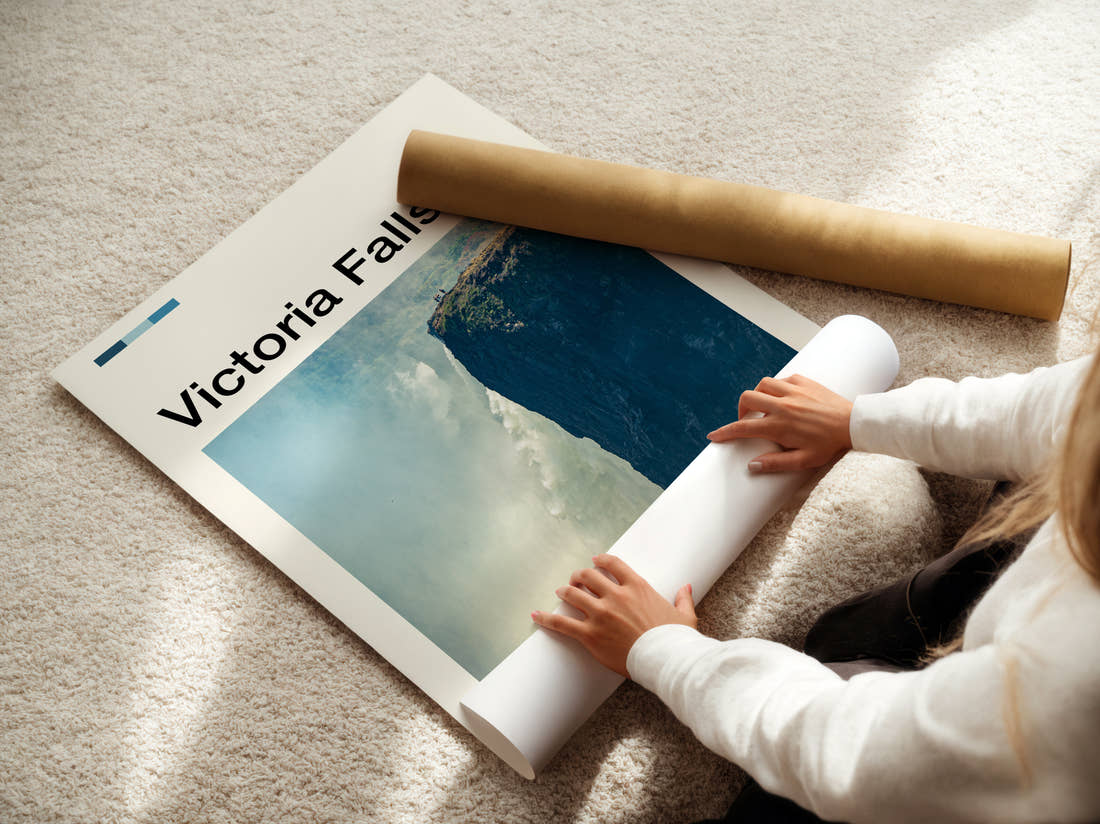 Victoria Falls Misty Gorge Travel Print being unrolled from its postal tube