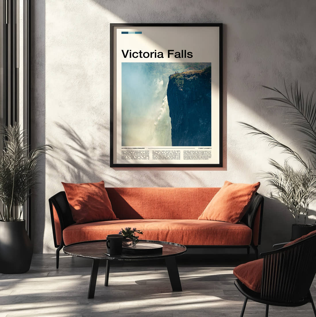 Victoria Falls Misty Gorge Travel Print framed on the wall of a modern living room