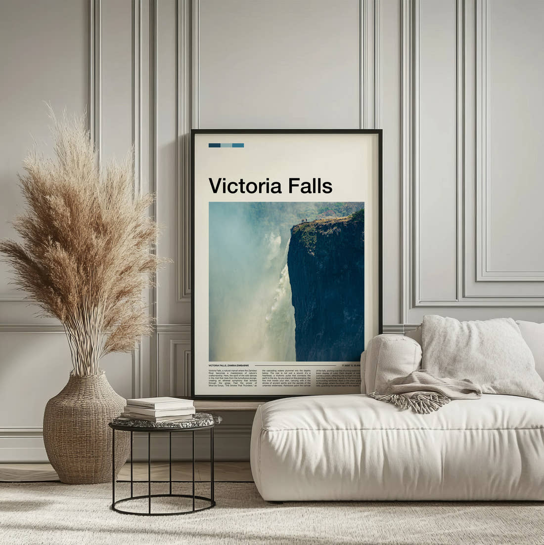Victoria Falls Misty Gorge Travel Print framed on the wall of a calm, neutral bedroom