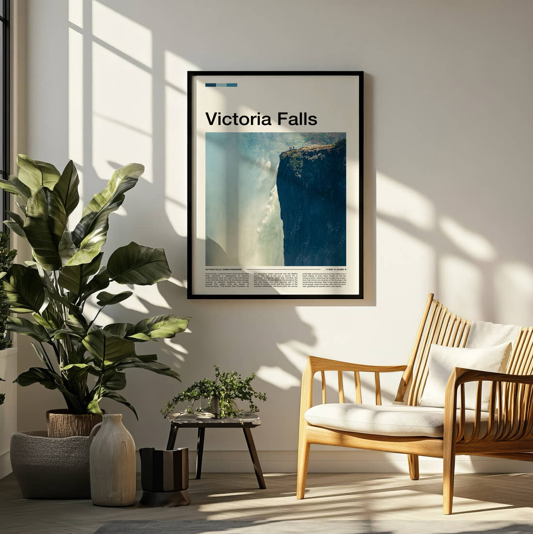 Victoria Falls Misty Gorge Travel Print framed on a pale wall beside houseplants