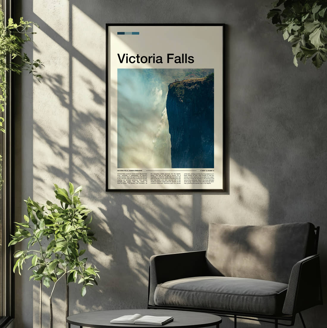 Victoria Falls Misty Gorge Travel Print framed on the wall of a relaxed living room