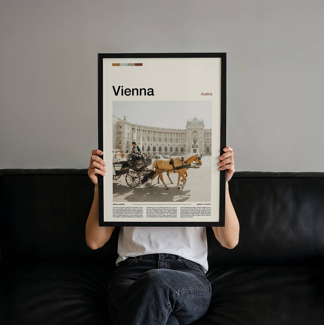 Vienna Horse Drawn Carriage Travel Print held up by hand to show the size of the print