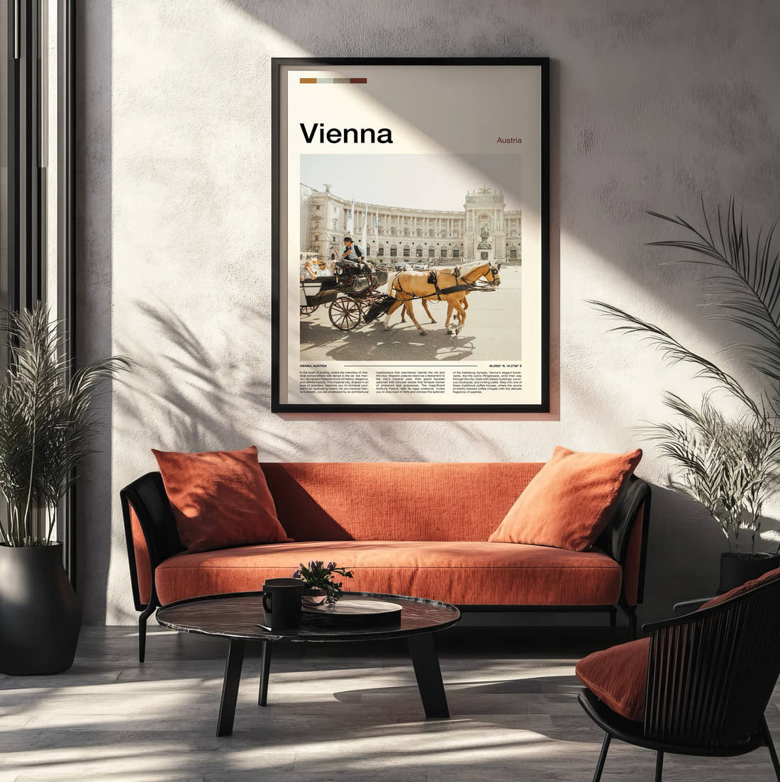 Vienna Horse Drawn Carriage Travel Print framed on the wall of a modern living room