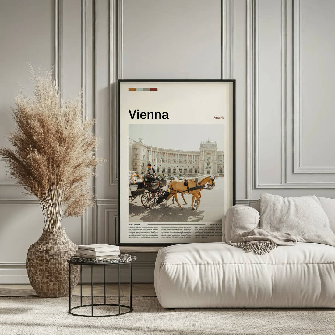 Vienna Horse Drawn Carriage Travel Print framed on the wall of a calm, neutral bedroom