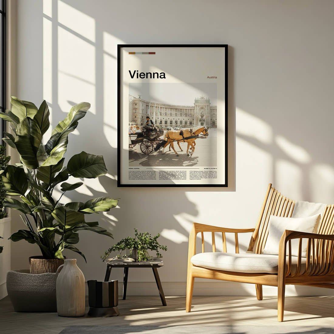 Vienna Horse Drawn Carriage Travel Print framed on a pale wall beside houseplants