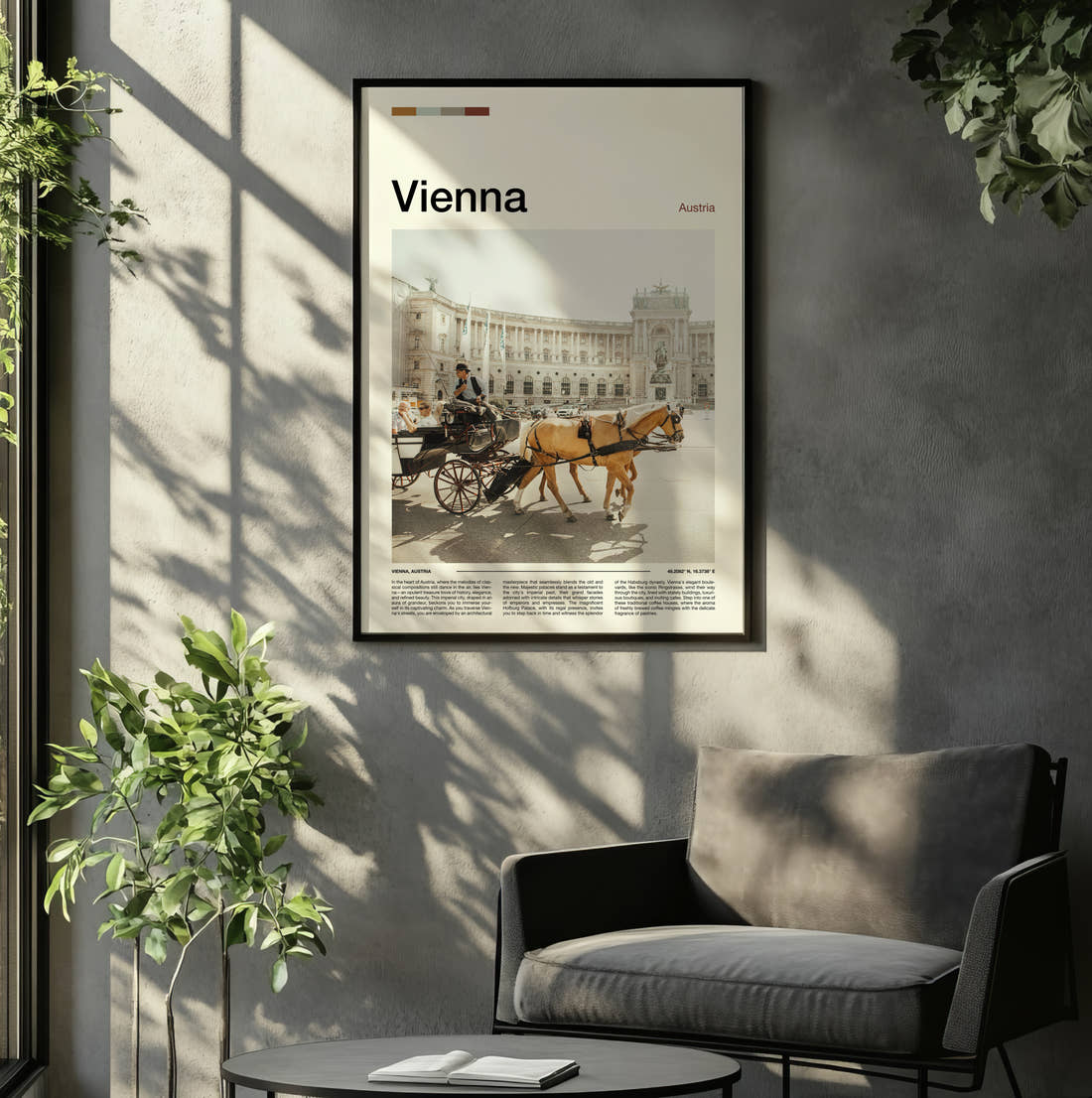 Vienna Horse Drawn Carriage Travel Print framed on the wall of a relaxed living room