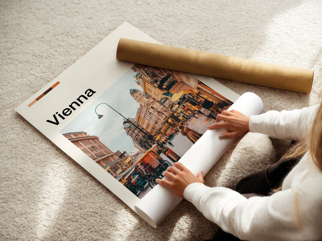 Vienna Pedestrian Shopping Street Travel Print being unrolled from its postal tube