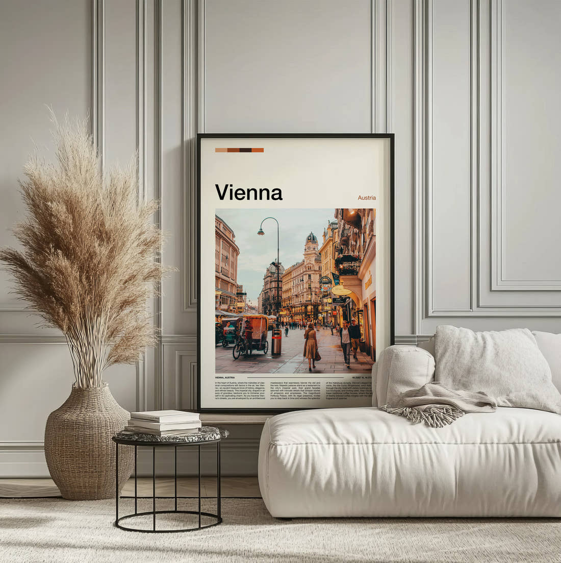 Vienna Pedestrian Shopping Street Travel Print framed on the wall of a calm, neutral bedroom