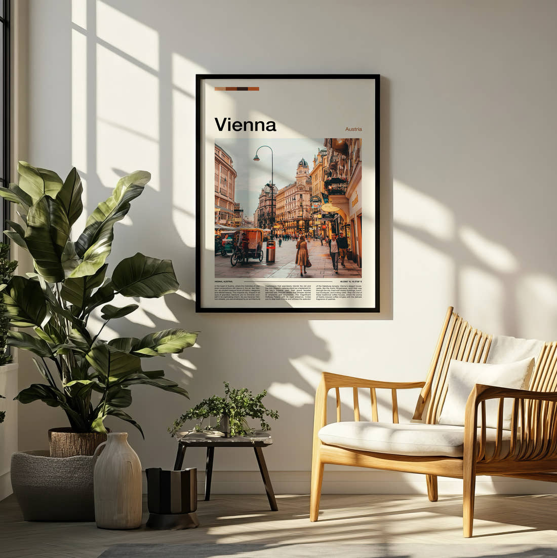Vienna Pedestrian Shopping Street Travel Print framed on a pale wall beside houseplants