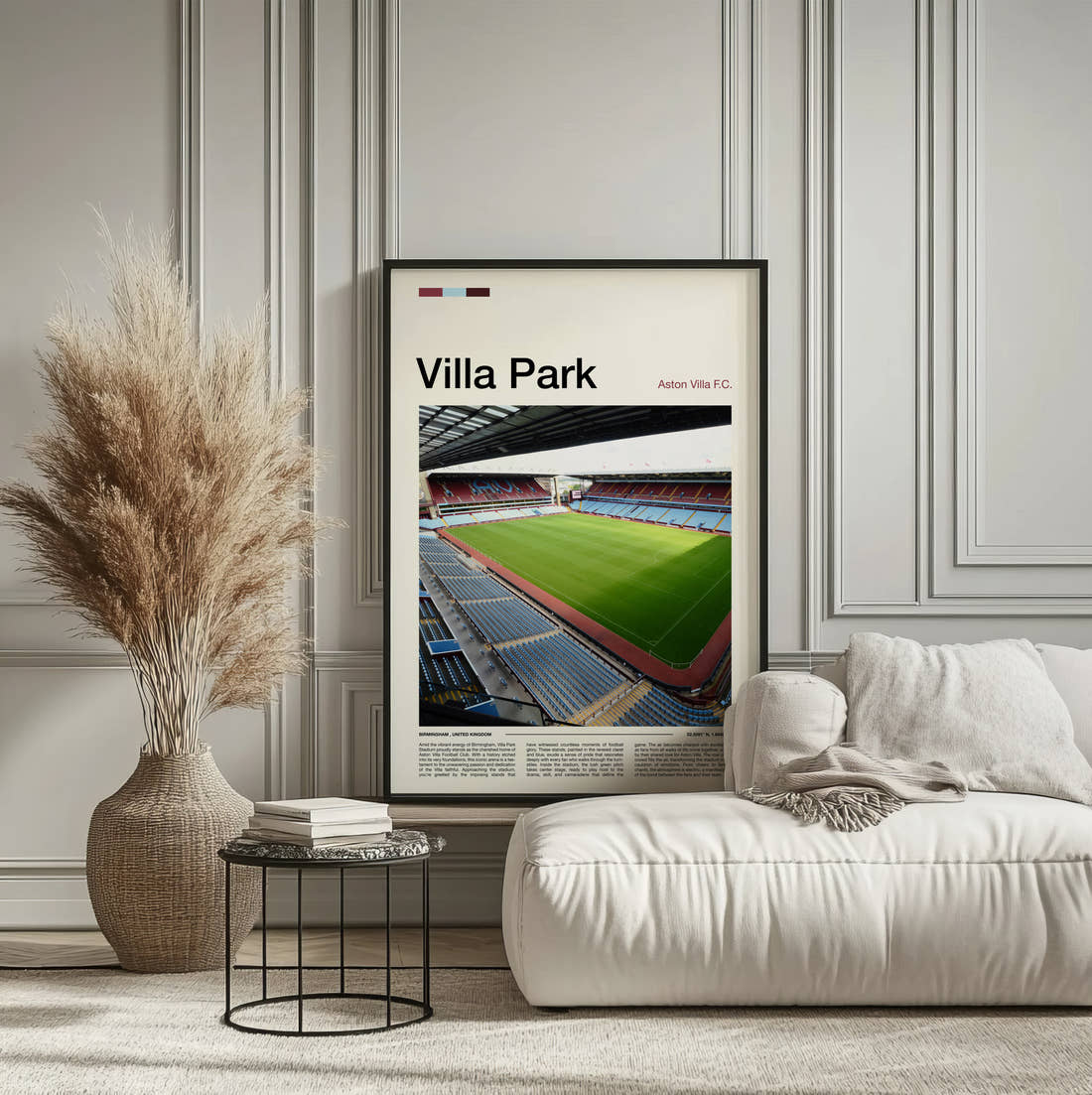 Villa Park Stadium Print framed on the wall of a calm, neutral bedroom