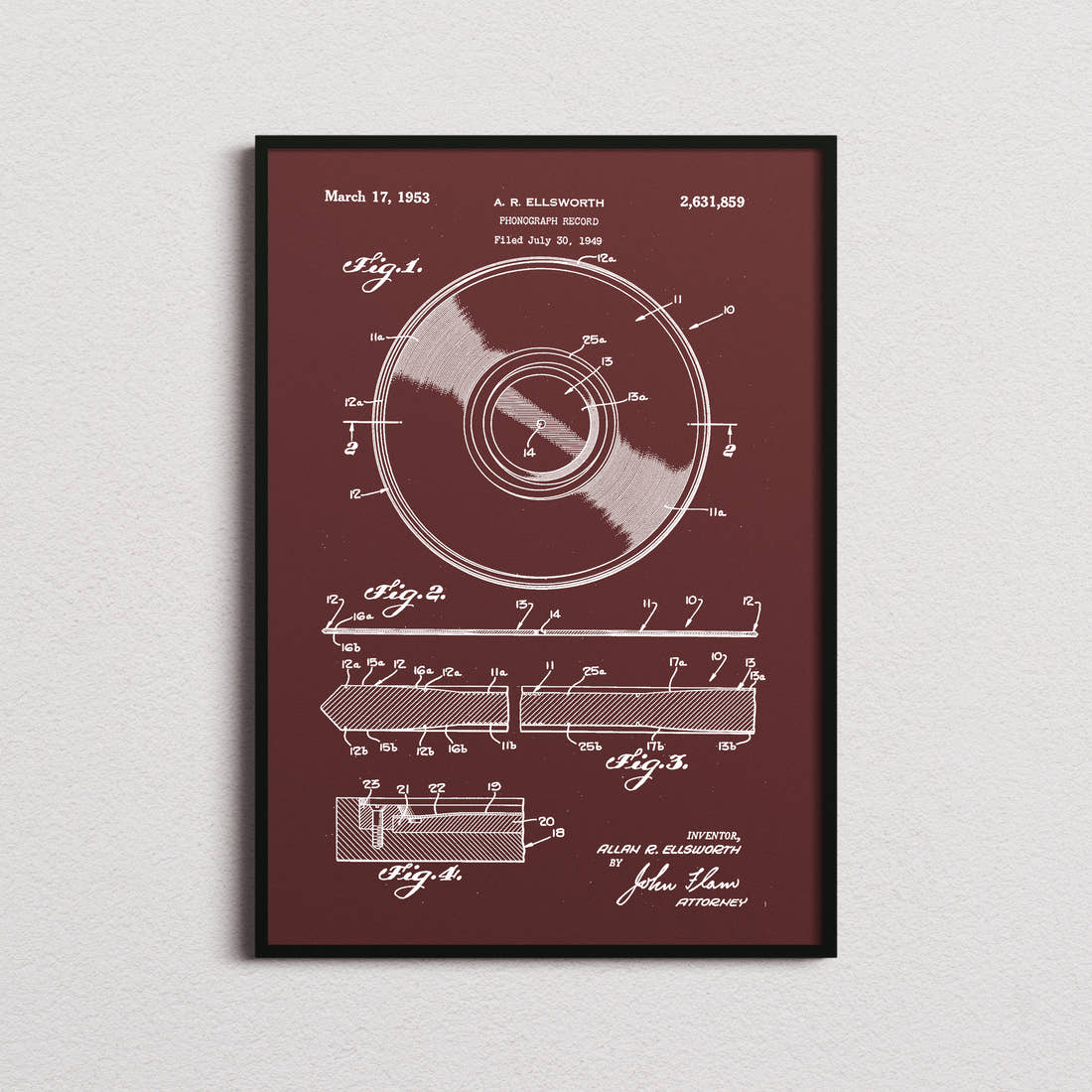 Vinyl Record Patent Print in the burgundy colourway, framed