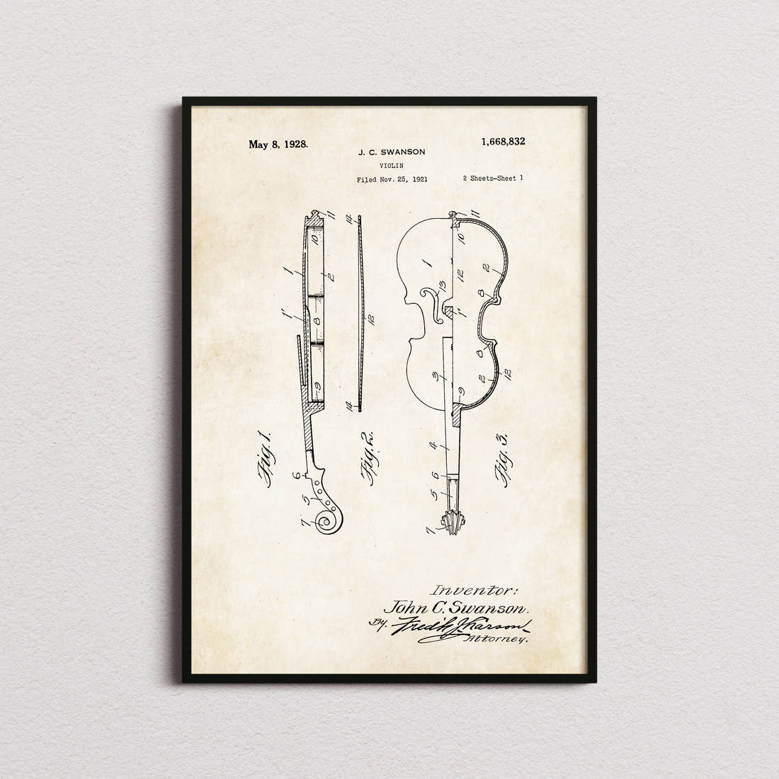 Violin Patent Print in the aged paper colourway, framed