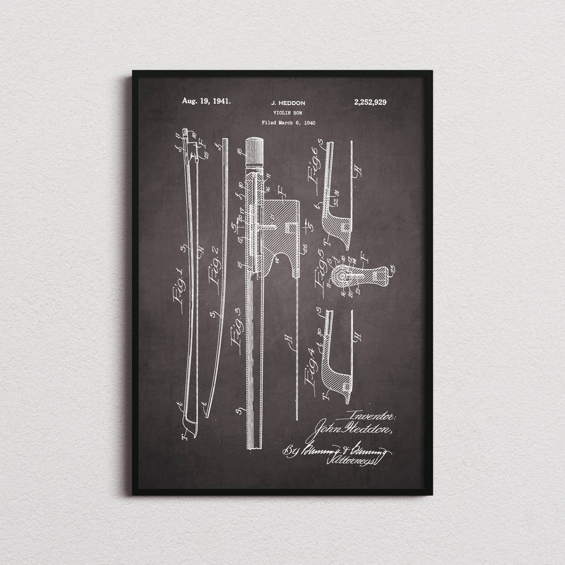 Violin Bow Patent Print in the blackboard colourway, framed