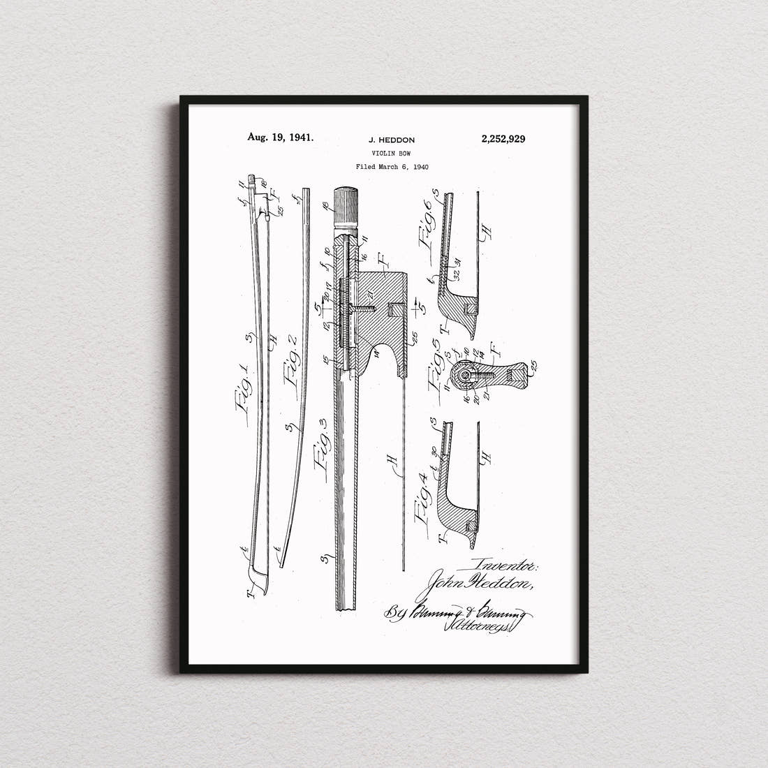 Violin Bow Patent Print in the white colourway, framed