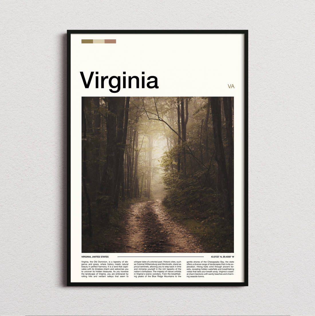 Virginia Foggy Forest Path Travel Print framed and photographed straight on