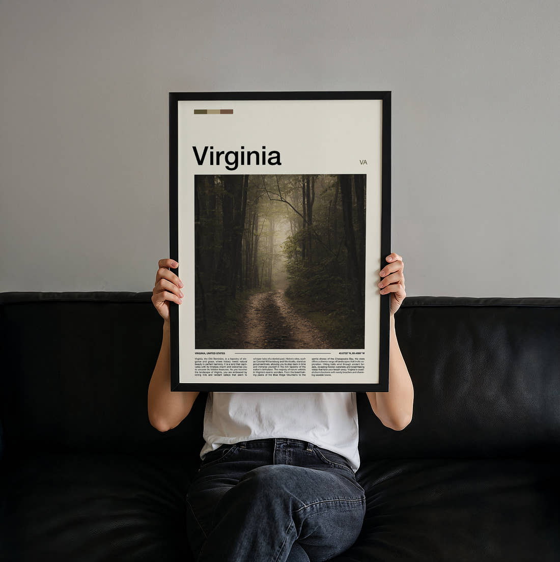 Virginia Foggy Forest Path Travel Print held up by hand to show the size of the print