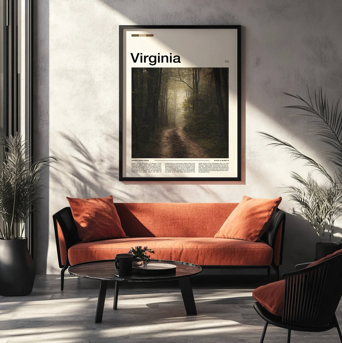 Virginia Foggy Forest Path Travel Print framed on the wall of a modern living room