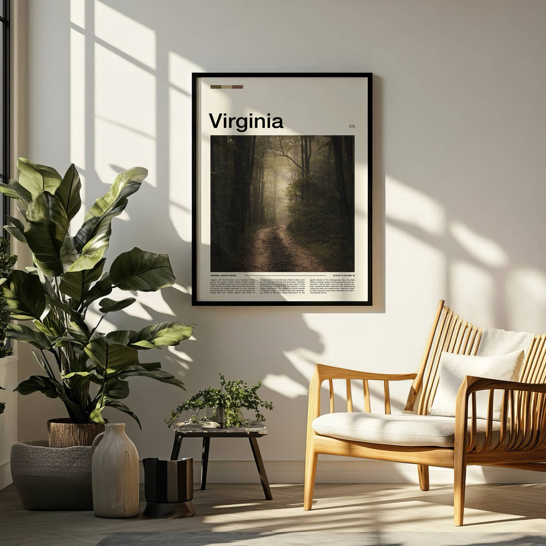 Virginia Foggy Forest Path Travel Print framed on a pale wall beside houseplants