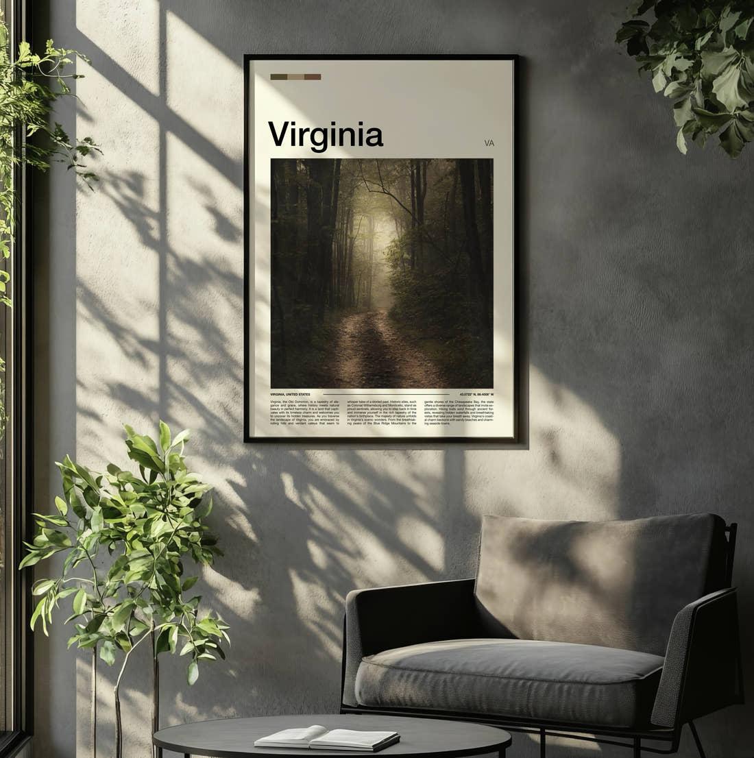 Virginia Foggy Forest Path Travel Print framed on the wall of a relaxed living room