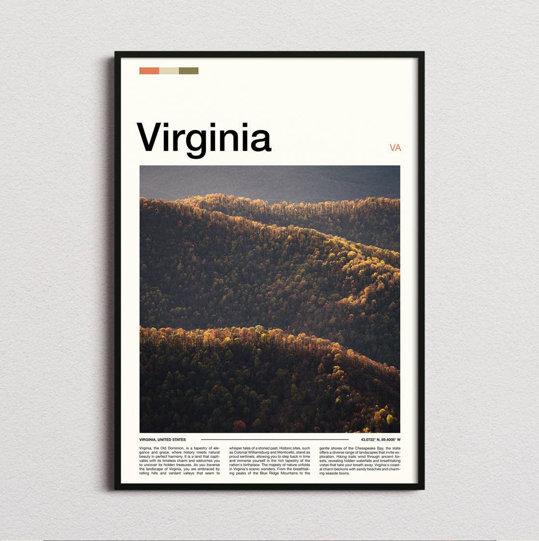 Virginia Rolling Forested Hills Travel Print framed and photographed straight on