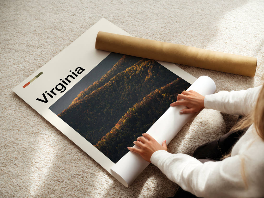 Virginia Rolling Forested Hills Travel Print being unrolled from its postal tube