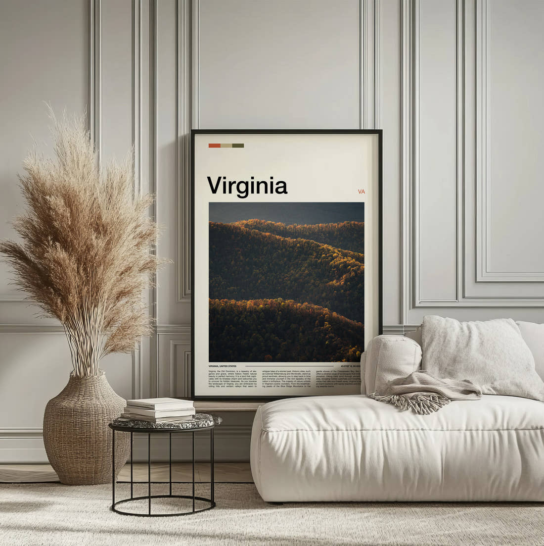 Virginia Rolling Forested Hills Travel Print framed on the wall of a calm, neutral bedroom