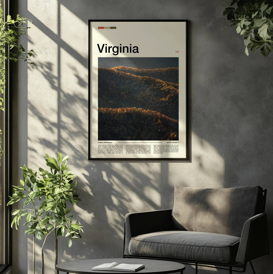 Virginia Rolling Forested Hills Travel Print framed on the wall of a relaxed living room