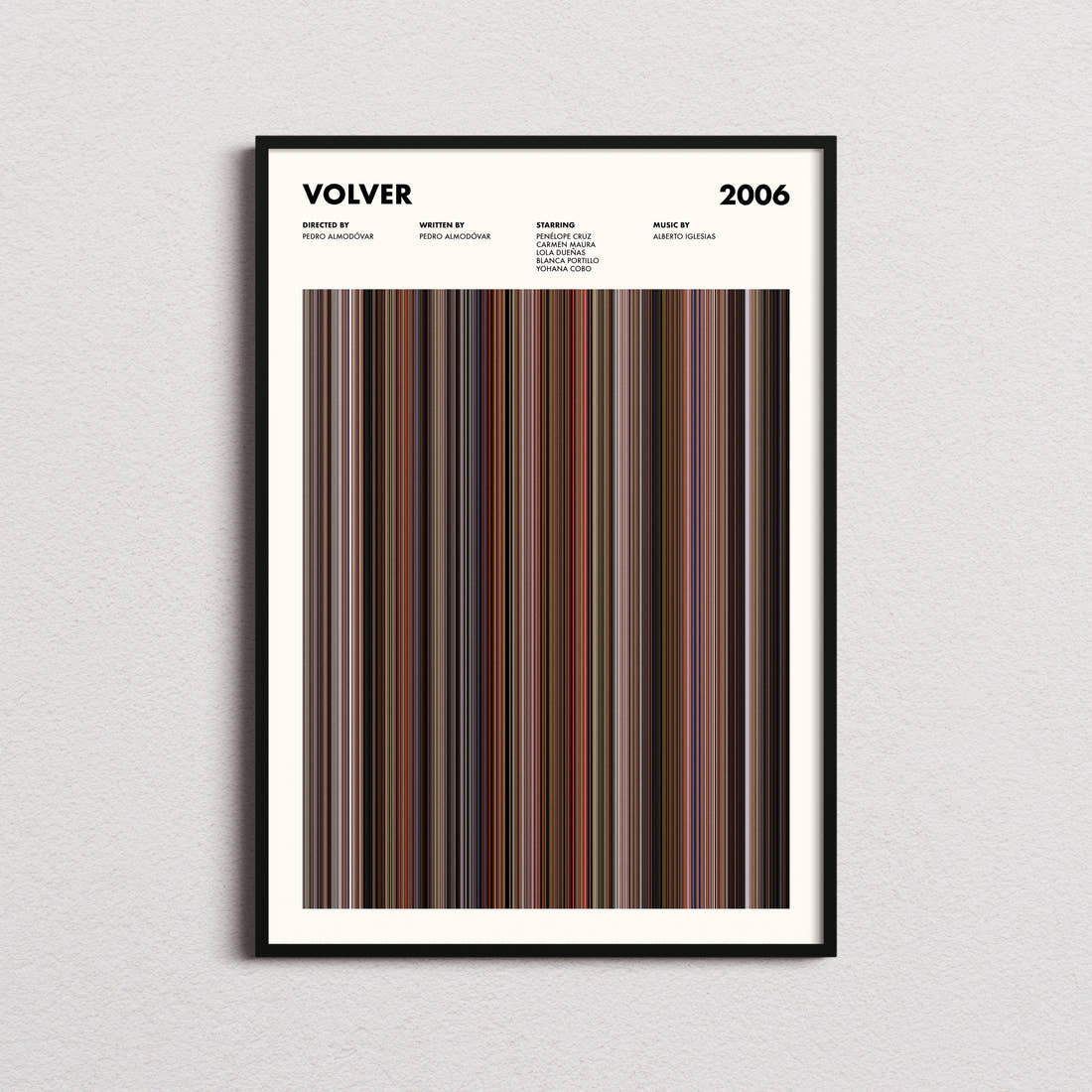 Volver Movie Barcode Poster framed on a plain studio wall