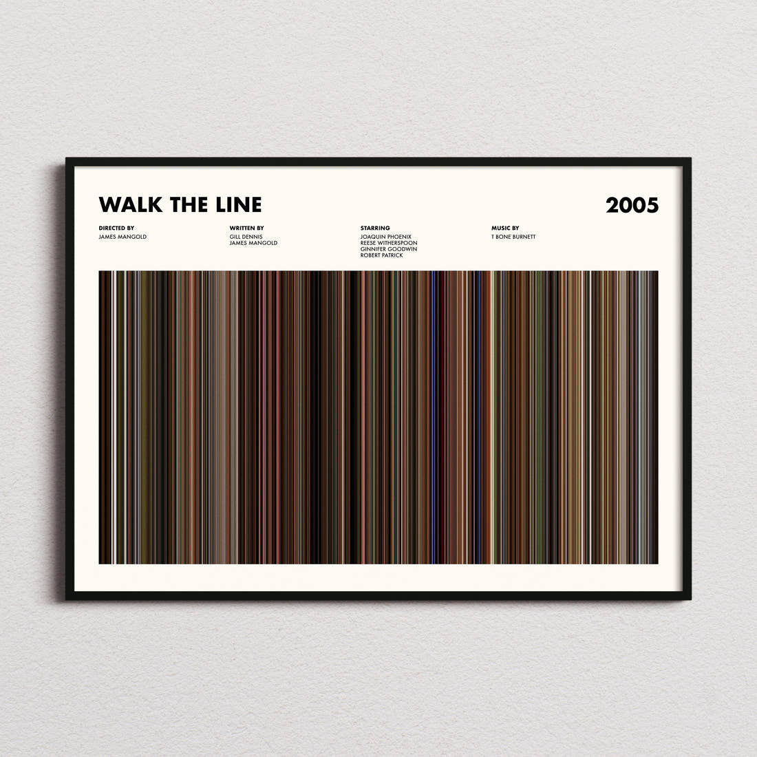 Walk The Line Movie Barcode Poster framed and photographed straight on