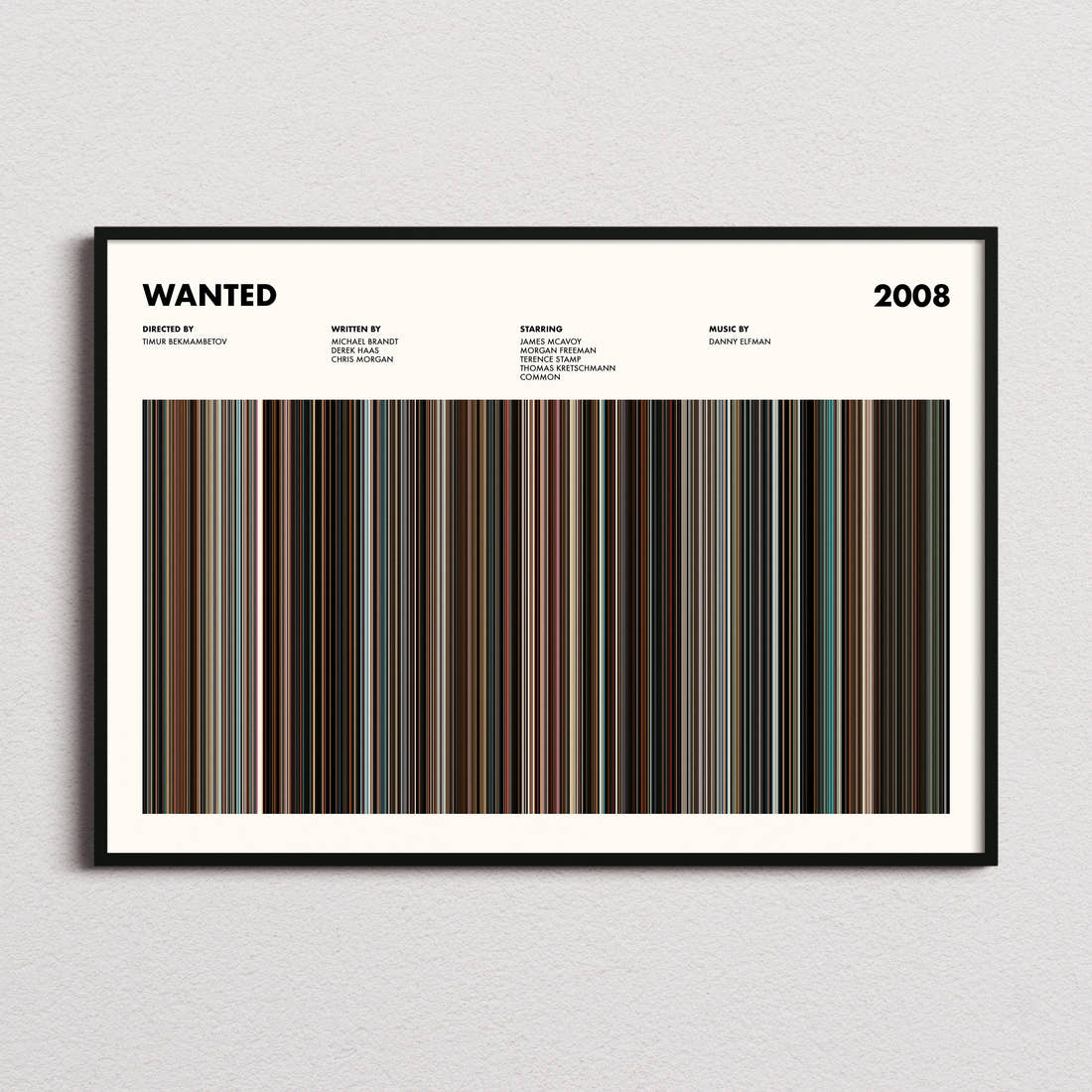 Wanted Movie Barcode Poster framed and photographed straight on