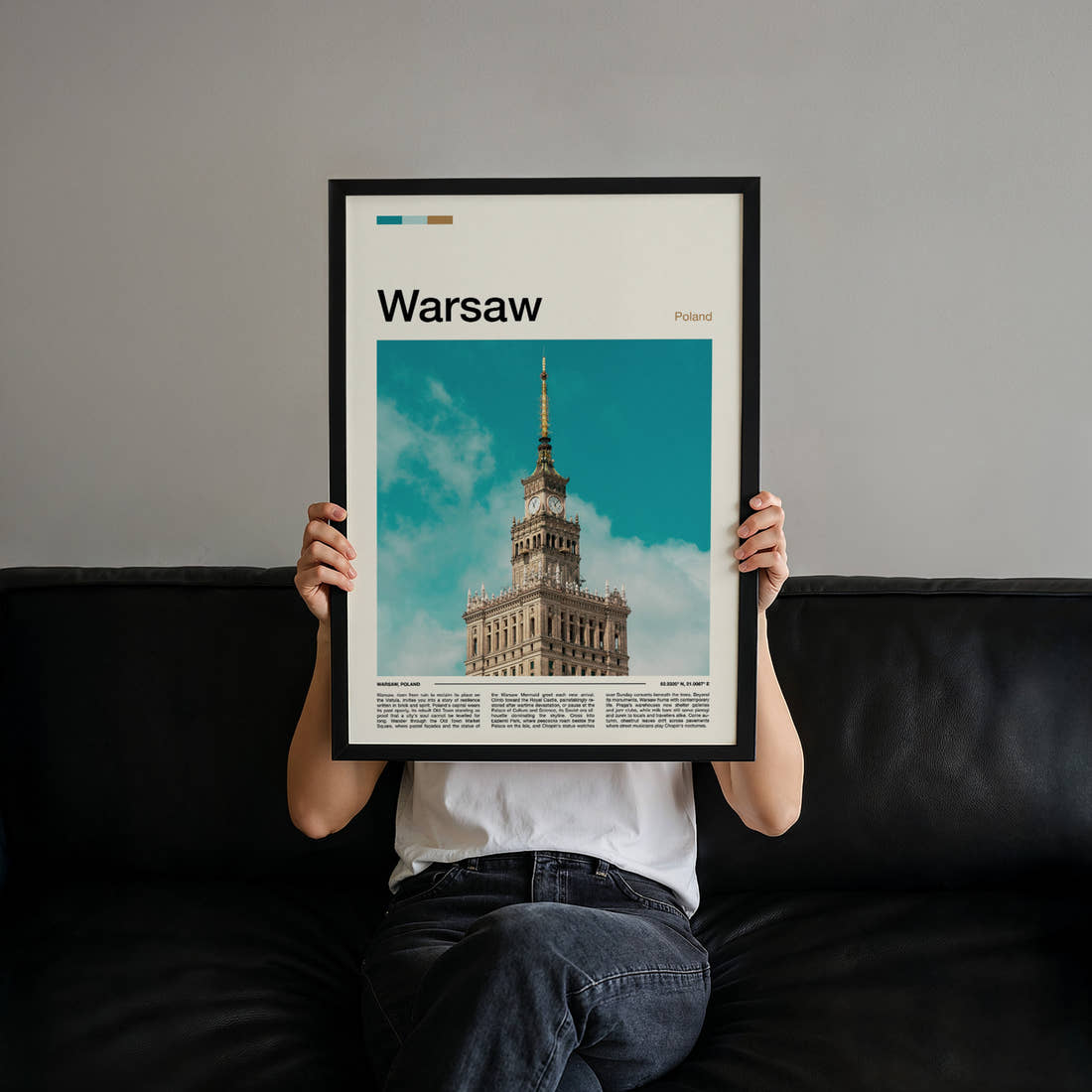 Warsaw Palace Of Culture Spire Travel Print held up by hand to show the size of the print