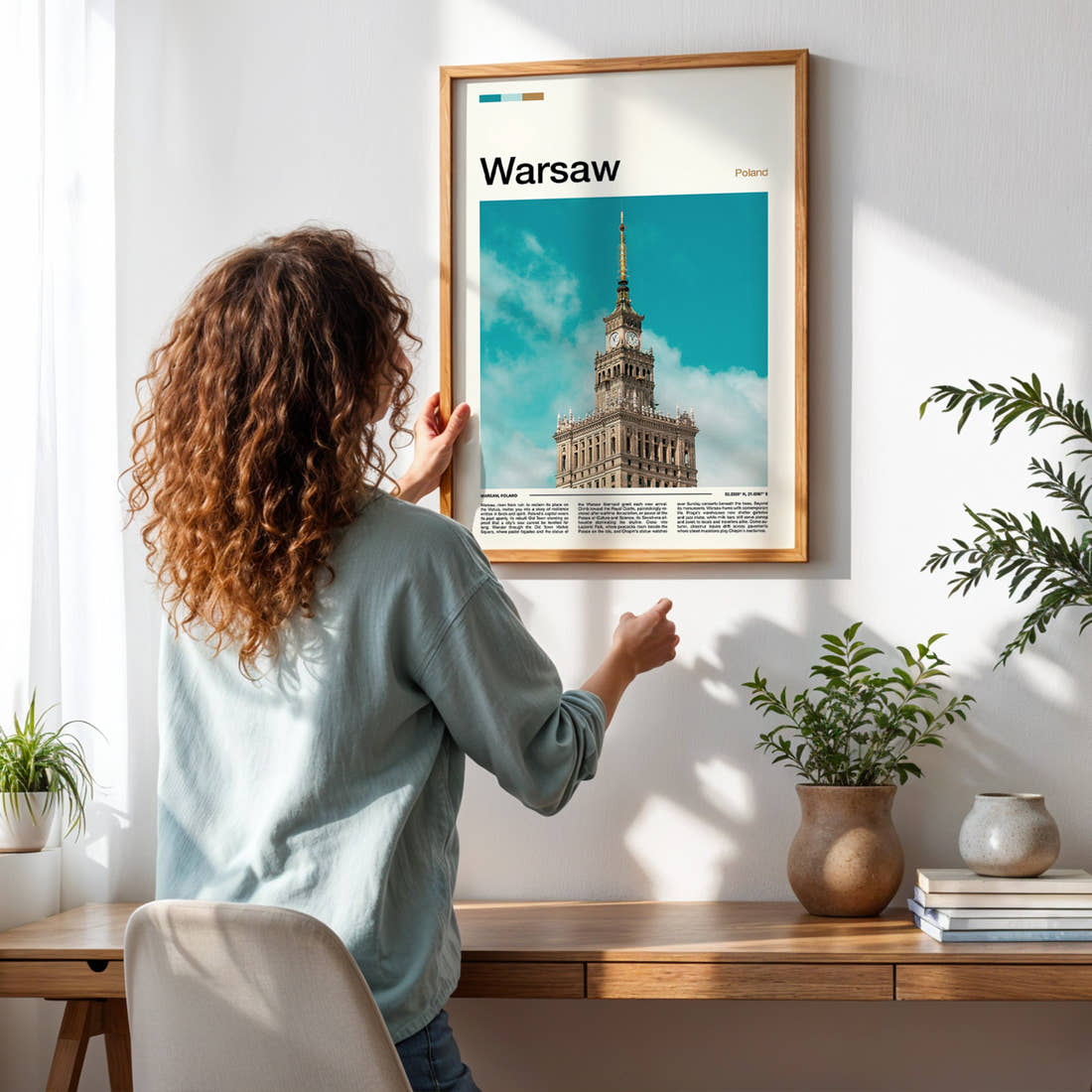 Warsaw Palace Of Culture Spire Travel Print framed on a pale wall beside houseplants