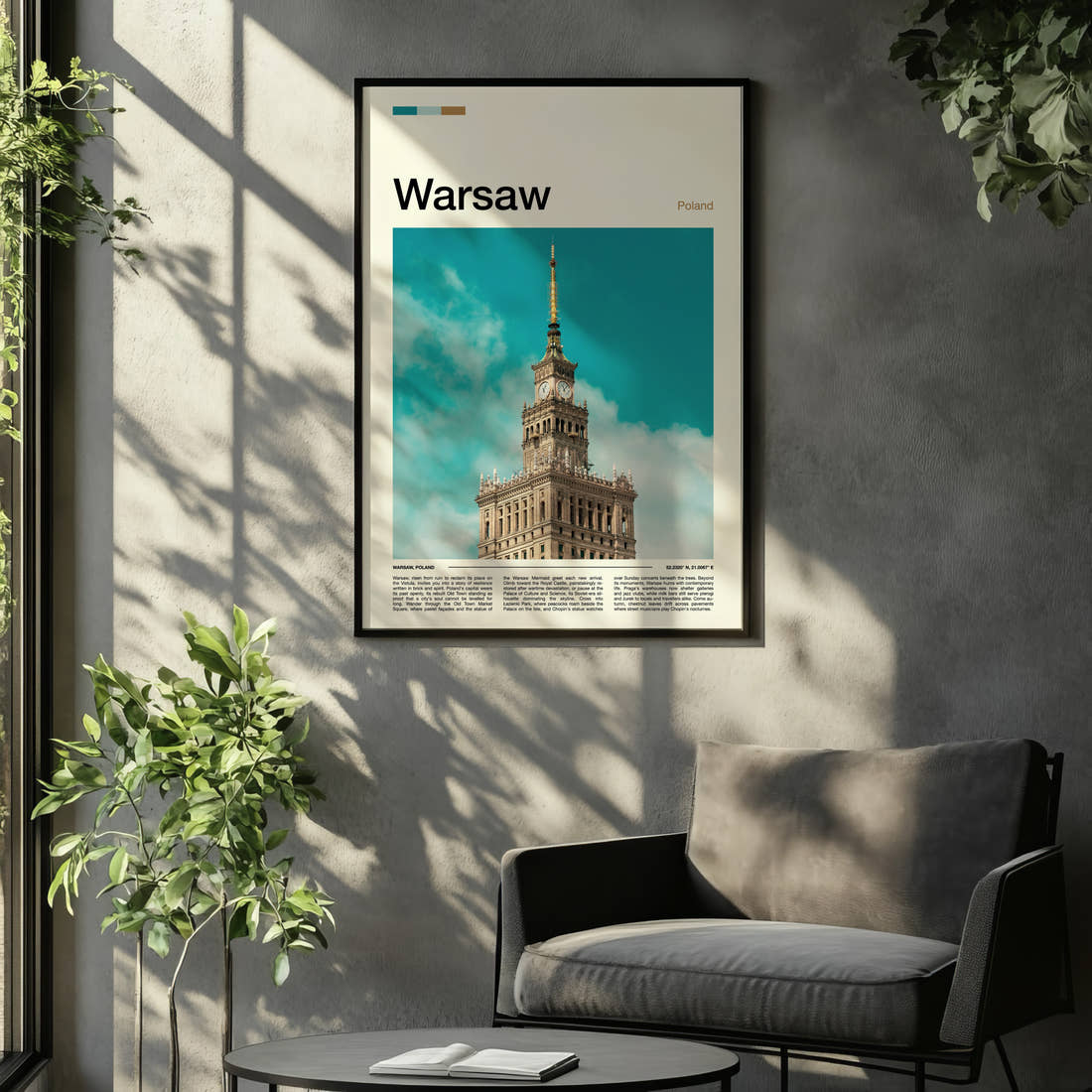Warsaw Palace Of Culture Spire Travel Print framed on the wall of a relaxed living room