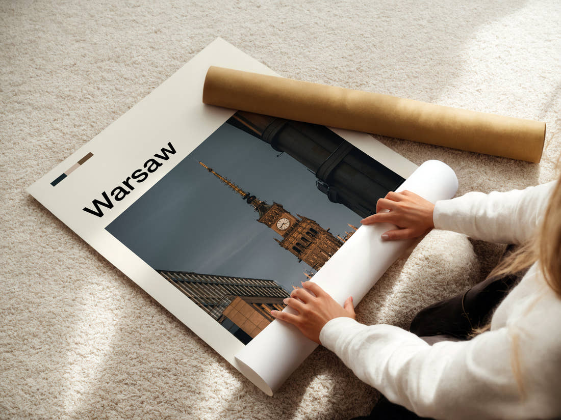 Warsaw Palace Clock Tower Travel Print being unrolled from its postal tube