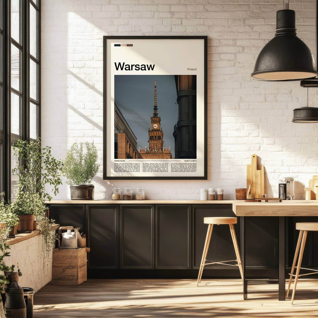 Warsaw Palace Clock Tower Travel Print framed on the wall of a bright kitchen and dining space