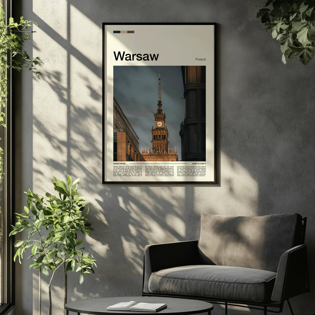 Warsaw Palace Clock Tower Travel Print framed on the wall of a relaxed living room