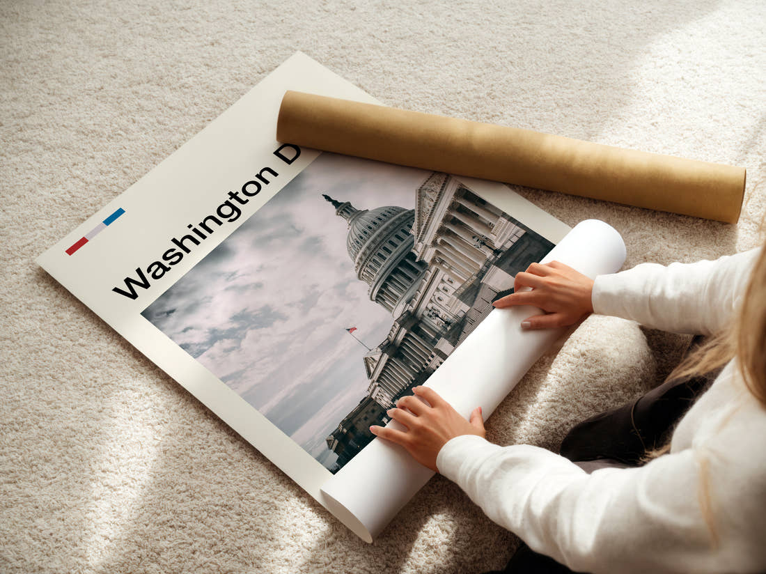 Washington Capitol Building Travel Print being unrolled from its postal tube