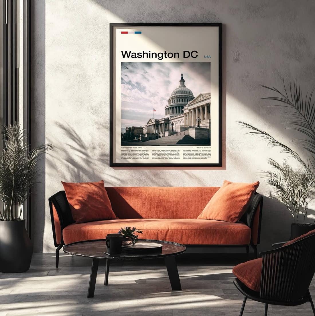 Washington Capitol Building Travel Print framed on the wall of a modern living room