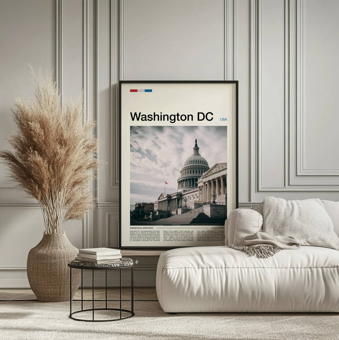 Washington Capitol Building Travel Print framed on the wall of a calm, neutral bedroom