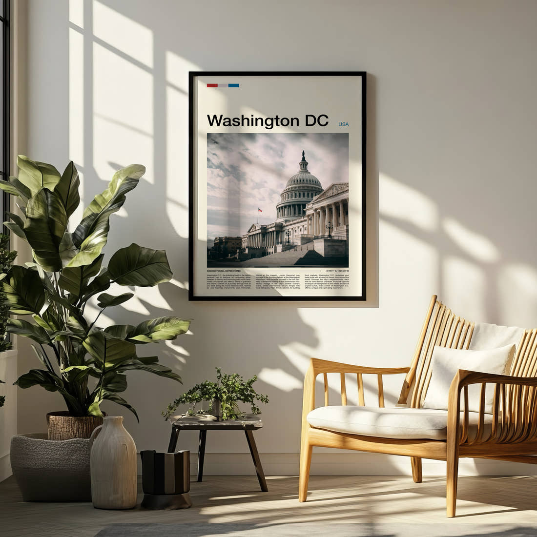 Washington Capitol Building Travel Print framed on a pale wall beside houseplants