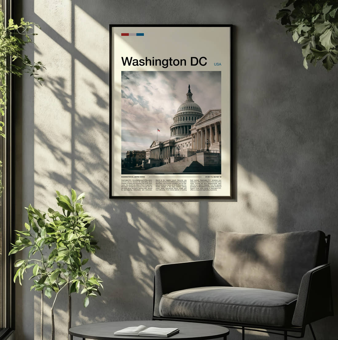 Washington Capitol Building Travel Print framed on the wall of a relaxed living room