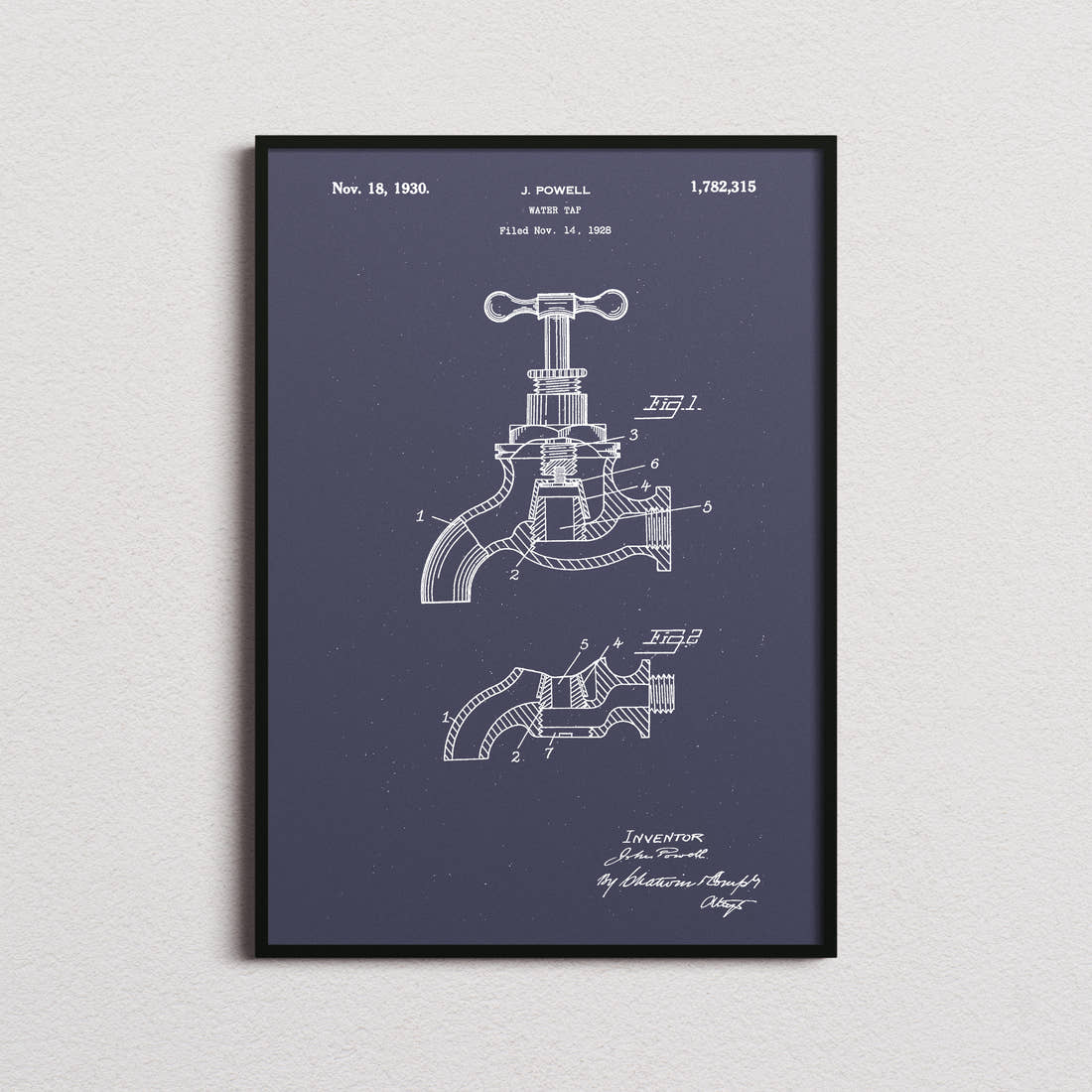 Water Tap Patent Print in the navy colourway, framed