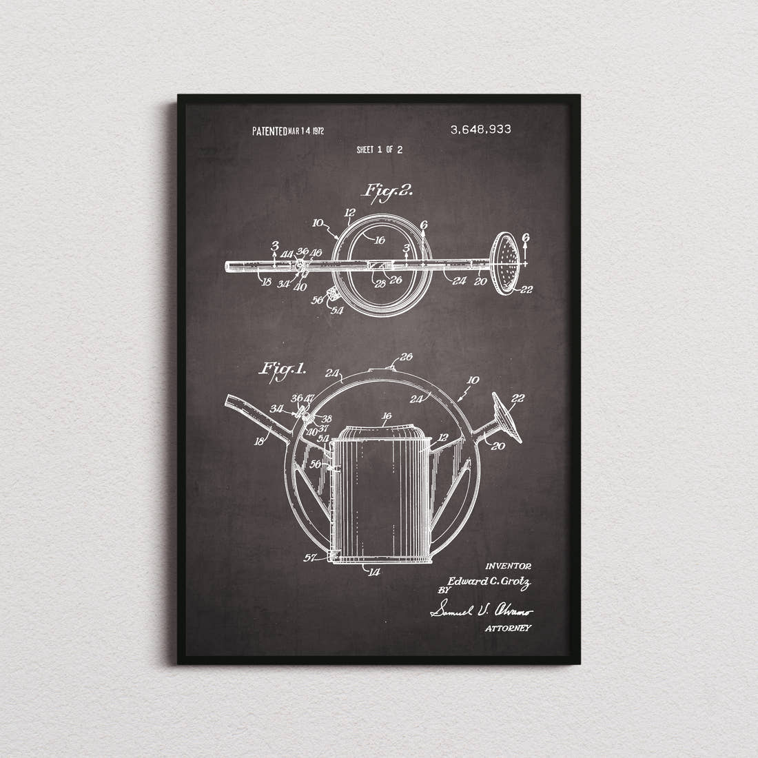 Watering Can Patent Print in the blackboard colourway, framed