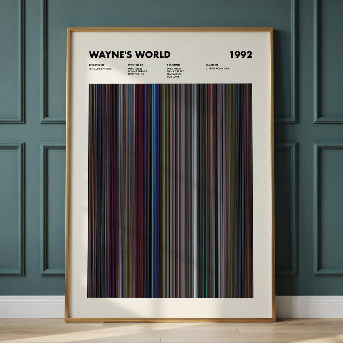Wayne's World Movie Barcode Poster framed and leaning against a panelled wall