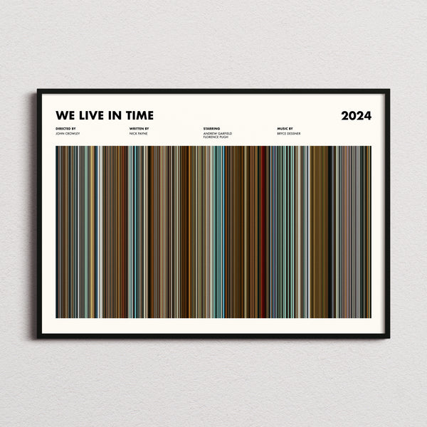 We Live in Time Movie Barcode Poster framed and photographed straight on