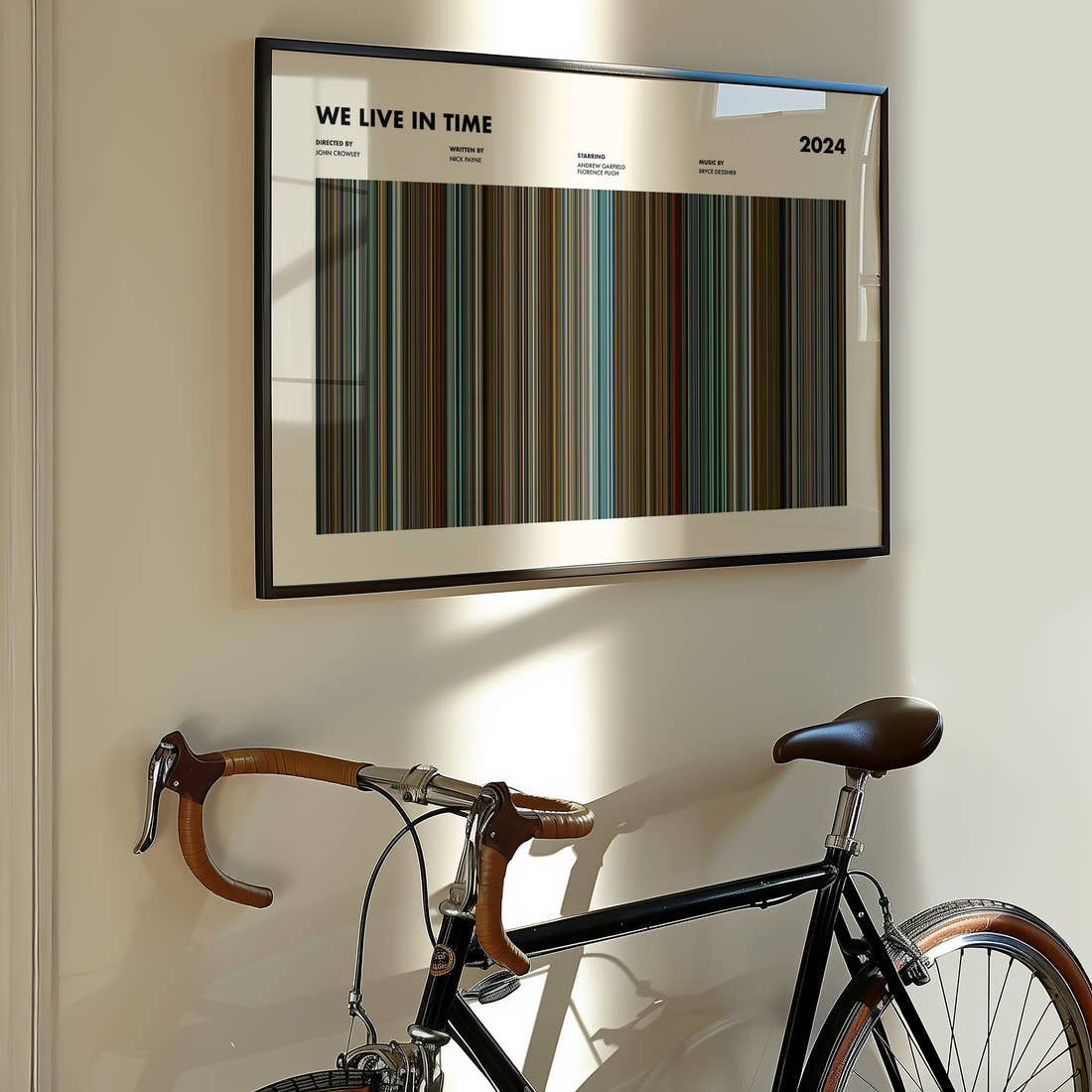 We Live in Time Movie Barcode Poster framed on the wall of a styled room setting