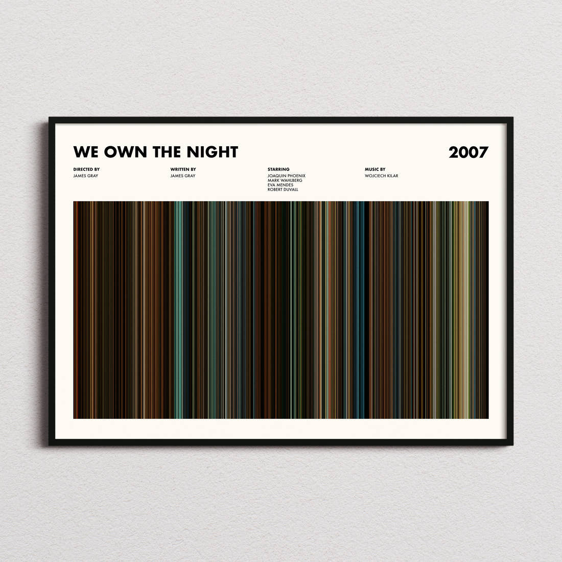 We Own The Night Movie Barcode Poster framed and photographed straight on