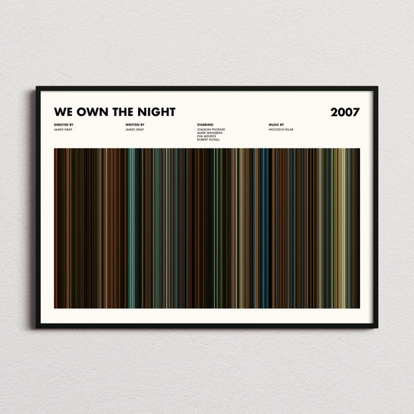 We Own The Night Movie Barcode Poster framed and photographed straight on
