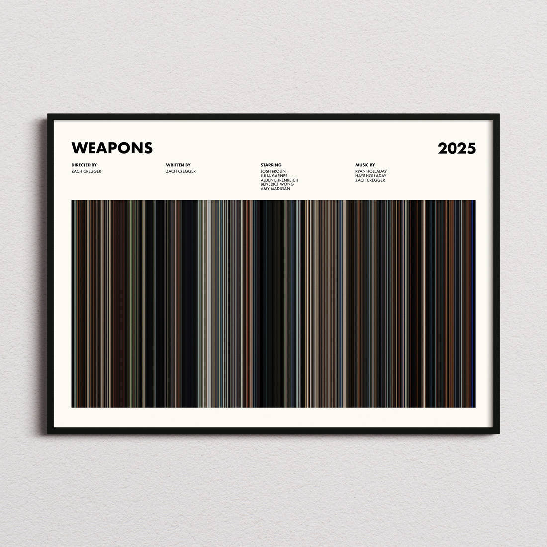 Weapons Movie Barcode Poster framed and photographed straight on